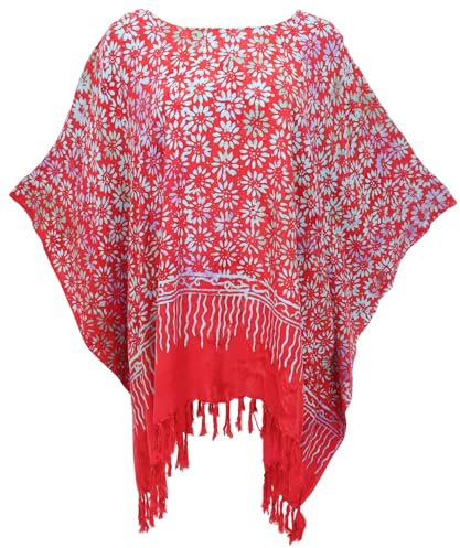 Poncho, Tunika, Batik Kaftan, Damen Übergröße, weit geschnitten, rot | Batikmuster, 3/4 Ärmel, 100 % Viskose, angenehm zu tragen, ideal für Strand und Alltag