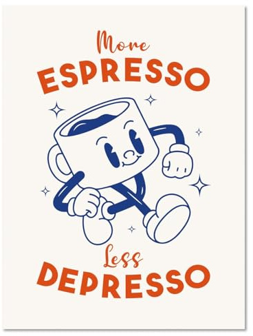 MINI ZOZI Retro-Kaffee-Wandkunst, Motiv: More Espresso Less Depresso, Raumdekoration, Leinwandbilder, Latte, 30,5 x 40,6 cm, Pop-Mädchen, flippig, lustig, Wohnheim, Wände, Poster, Dekoration, Kinder