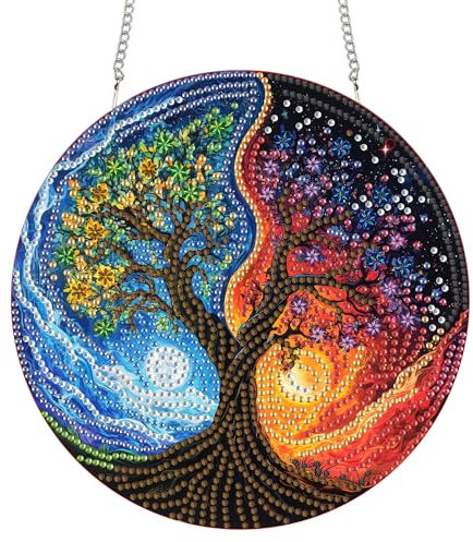 Reofrey Diamond Painting Doppelseitig Anhänger Acrylbrett mit Kette - 20x20cm Baum Diamant Painting Fensterbilder Deko Set DIY Kristall Malerei Anhänger für Wand Fenster & Garten Schmücken