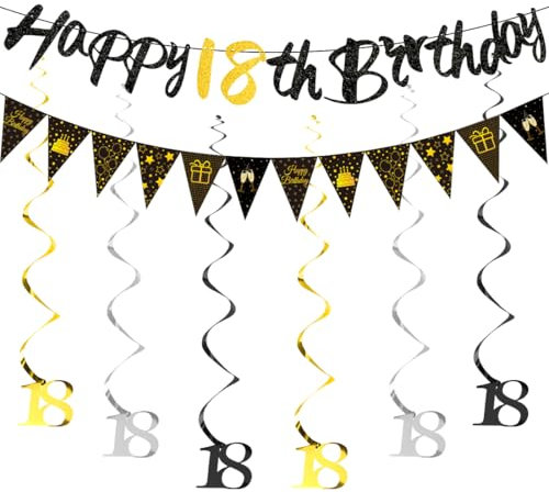 HUKUMA 18. Geburtstag Deko Set: Schwarz-Goldene Luftschlangen, Girlande, Wimpelkette & Spiralen für Jungen & Mädchen zum 18. Geburtstag
