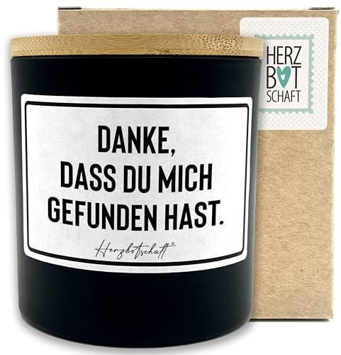 HERZBOTSCHAFT Duftkerze mit Spruch – Danke, dass du mich gefunden hast. – liebevolles Geschenk, handgemachte Sojakerze im Glas, nachhaltig, optional mit personalisiertem Bambusdeckel
