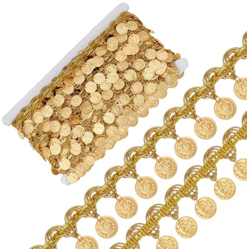 OLYCRAFT Pailletten Quastenbesatz In Münzform 9 m Goldfarben 35mm Breite Pailletten Spitzenquaste Fransenbesatz Paillettenquasten Spitzenband Fransen Tanzkleid Gürtelkette Für Kleidung Dekoration