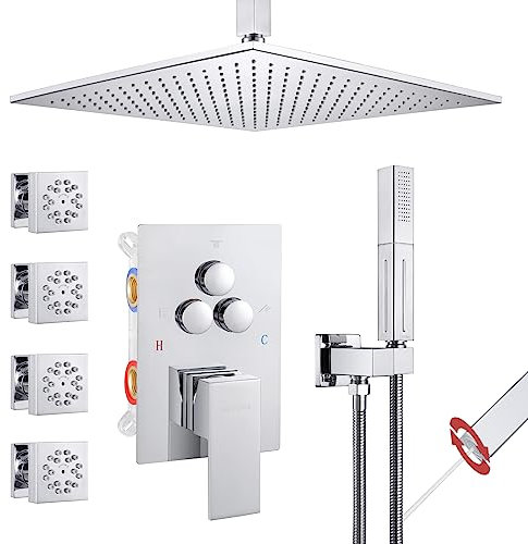 Shower Shower Faucet Set Brushed Gold Shower System with 4 PCS Modes 2 inch Body Jets,Push Button Diverter Shower Fixtures with 2 in 1 Handheld,Ceiling Mount 10 inch Shower Head Shower Head