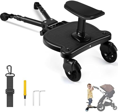 KOAVAE Buggy Board mit Sitz Universal passend, Anpassbare Pedale, 360°-Drehung, Buggy Board für alle Kinderwagen, für 2-6 Jahre alte Kinder (25 kg) Schwarz