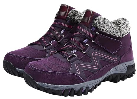 Womens Winter Warm Fur Lined Snow Boots Sneakers Outdoor Waterproof Hiking Camping Climbing Booties Running Shoes Wide Fit Adjustable Strap Orthopedic Barefoot Yard Ankle Boots Purple