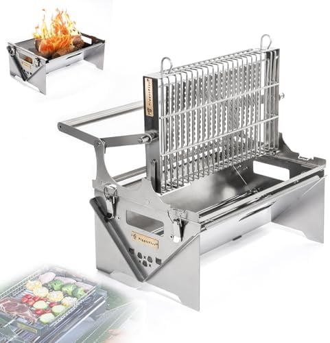 Gril à charbon, barbecue rotatif à 360° avec plateau amovible et cadre en acier réglable, grilles à retourner en acier inoxydable pour pique-nique et fête en jardin