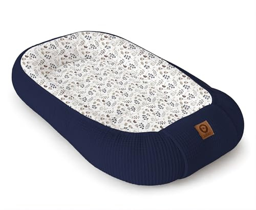 Babynestchen Neugeborene – Nestchen Baby aus Waffel Baumwolle & Baumwollstoff – Babynest für Babybett & Kinderbett – Baby Kokon Tragbar – OEKO-TEX – Zubehör für Babybett - Zweige und Marine