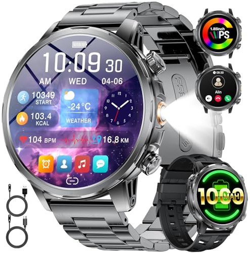 1000mAh Batteria Smartwatch Uomo, 1.85'' Orologio Smart Watch con Chiamata Bluetooth, Torcia LED Orologio monitoraggio del sonno/100+ Modalità Sportive, IP68 Impermeabile per Android iOS,Grigio