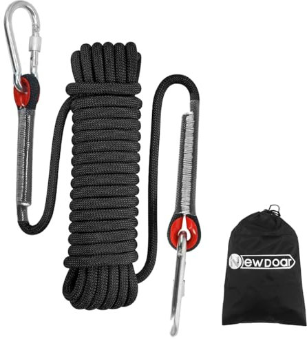 NewDoar 12KN Statisches Kletterseil 10mm Zubehörschnur Ausrüstung Fluchtseil 10M/20M/30M Kletterseile mit 2 Karabinern zum Abseilen, Eisklettern, Feuerrettung, Abseilen etc-Schwarz/20 m