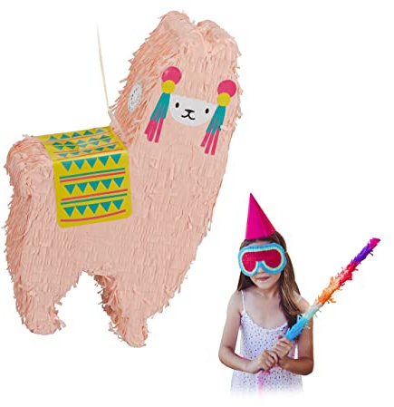 Relaxdays Lama Pinata, zum Aufhängen, Kinder, Jungen & Mädchen, Geburtstag, zum Befüllen, Pinata Alpaka, lachsfarben, Rosa, Gelb, Türkis