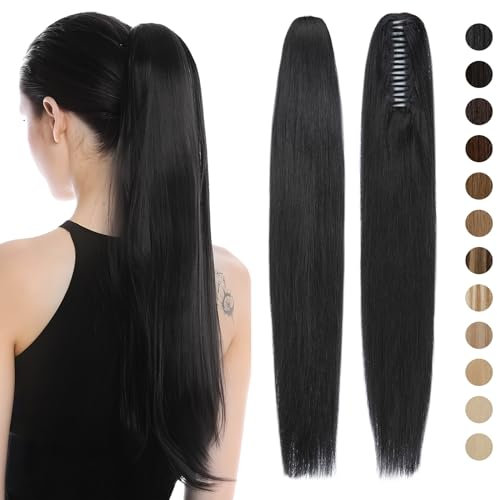 Silk-co Extensiones de Cabello Humano Clip Ponytail Hair Coleta Postiza Lisa Pelo Natural con Pinza Natural Extensiones de Cabello Clip Ponytail Extension 45cm-115g 01# Negro Azabache