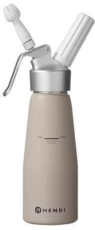 HENDI Sahnespender, Inklusive Set aus 3 Polypropylen Spritztüllen und Reinigungsbürste, Sahne-Mousses-Desserts-kalten Schäumen, Sahnesyphon, 0,5L, ø80x(H)260mm, Aluminium, Taupe