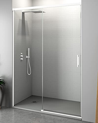 Mampara de Ducha Frontal Corredera 1 puerta Corredera + 1 fijo | Transparente | Cristal templado 6mm Antical | 195cm de Altura | Perfilería Blanco Mate | 130cm (Adaptable 124-129cm)