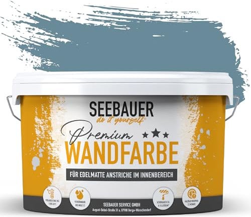 SEEBAUER diy Wandfarbe Blau 5L für Innen (No. 802 Baltic Sea) Edelmatte hellblaue Innenfarbe - Blautöne sehr hohe Deckkraft - Matt, Abwaschbar und Tropffrei