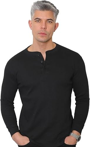 Long Sleeve Henley T Shirt Mens - Grandad Shirt Mens Tops Casual Waffle Knit Button Shirt 2208 (UK, Alpha, M, Regular, Regular, Black)