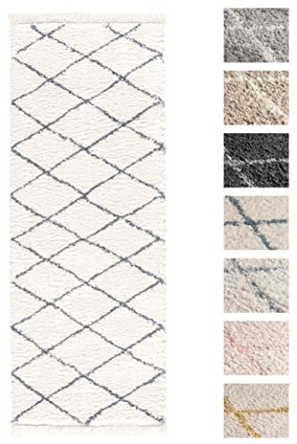 Wohnzimmer Shaggy Teppich 80 x 200 Weiss Grau Diamantmuster, Super Soft Moderner Hochflor Teppich