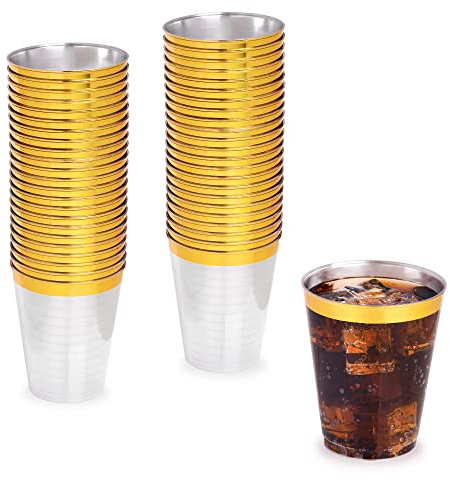 STACKABLES Pack of 50 Premium Clear Plastic Cups with Gold Rim, 9 oz – Elegant, Reusable Drinkware for Parties, Weddings, and Events – Durable and Stylish Cups for Cocktails, Wine, Juice, and More