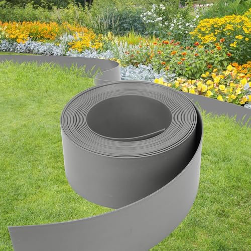 Randaco Rasenkante Mähkante Rasen Grau 50 m (125/2 mm) Gartenumrandung Beetumrandung Beeteinfassung Profilkante Pflasterstein Gartenwegen, aus 100% recyceltem Plastik