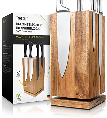 Troster® Magnetischer Messerblock ohne Messer - Messerhalter 360° drehbar - Akazienholz - Magnetblock unbestückt - Magnet Messerhalter - knife holder - Messerhalter magnetisch