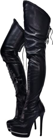 Stivali sopra il ginocchio con plateau a spillo punk, stivali alla coscia con cerniera argentata, Frankie Hsu alla moda, grande, grande, oversize, stile Shark Designer con lacci, tacco alto, lungo e
