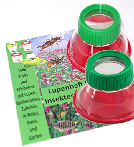 MEDUP 2er Set Große, Bunte Lupendose grün-rot mit 6-Fach Vergrößerung und extra Lupenheftchen
