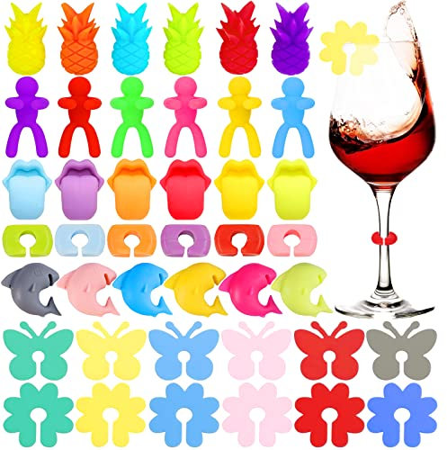 RUIJIE Segnabicchieri Silicone, 42 Pezzi Segna Bicchieri Calici, Segno Bicchieri Acqua Riutilizzabili, Marcatori per Bicchieri, Identificatore del Bicchiere di Vino per Bicchieri da Bere Cocktail