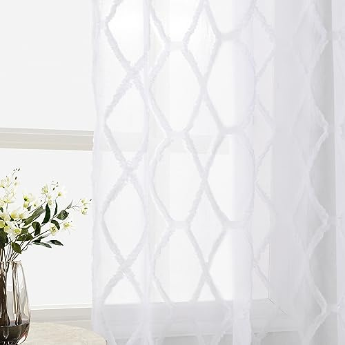 White Sheer Curtains 84 Inches Long 2 Panels for Living Room Back Tab Textured Privacy Window Curtains Embroidered Fluffy Tufted Diamond Curtain Drapes for Nursery Bedroom Boho Farmhouse Decor 52x84