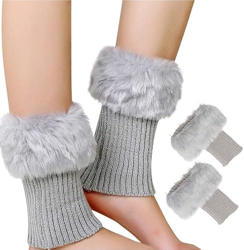 FIBOUND Short Crochet Boot Covers & Leg Warmers - Fur Knitted Twist, Light Grey