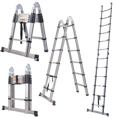 Telescoping Ladder, 6.2FT/3.8M Stainless Steel Telescopic Ladder with Stabilizer Adjustable, Non-Slip Feet, Extension Ladders 150kg Capacity Folding Ladders for RV Outdoor Work or Household (1.9+1.9m)