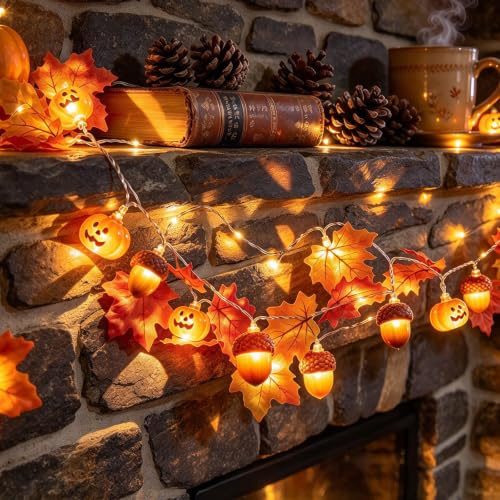 CYIOU 3 M Herbstdeko Lichterkette Halloween Deko mit 20 LED | Ahornblatt Eicheln Kürbis Lichterkette Ahornblätter Girlande für Halloween Herbst Erntedankfest Innen Außen Deko