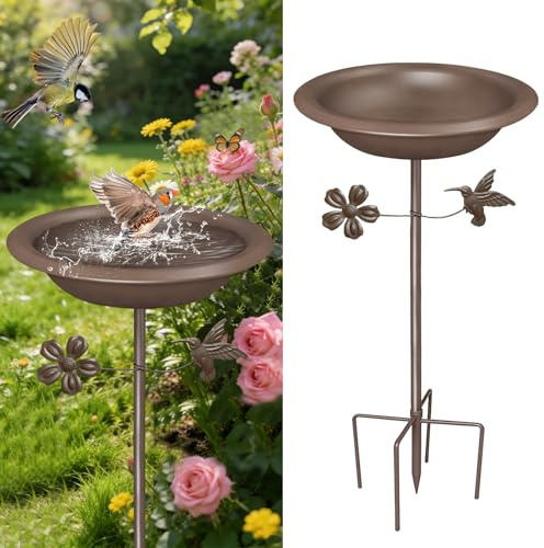 Bseical Bebedero para pájaros de pie, baño para pájaros para exteriores, jardín, cuenco de metal para pájaros, bebedero de agua para pájaros, bebedero para pájaros antiguos, resistente al invierno