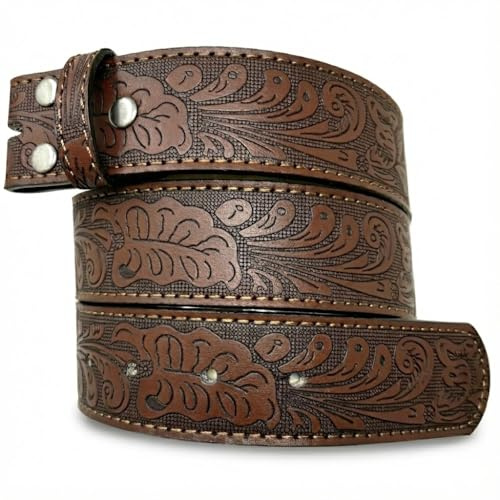 BC Belts Western Leather Belt Strap - 1.5” Wide with Embossed Scrollwork Without Buckle for Men & Women, Cowboy/Cowgirl Style, Brown, Large (35-36 Waist)