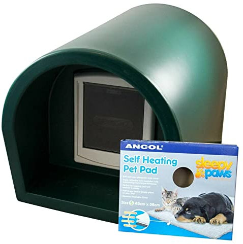 The Original Mr Snugs KatDen® Outdoor Cat Kennel/Shelter - Dark Green - Kennel, Door & Self Heating Pet Pad