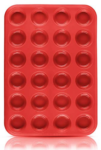 Belmalia Molde para Mini Magdalenas, Silicona, 34 x 24 x 2 cm, 24 Panecillos, Recubrimiento Antiadherente, Cupcake Brownie Budín Latta de Mollete Muffin Bandeja para Hornear Panecillos Rojo