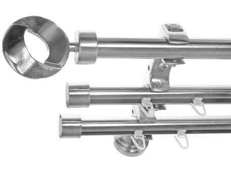 BASIT Rohr + 2x Innenlauf Gardinenstange Wandmontage 3 läufig 400cm lang Edelstahl Look Metall Gardinenstange 3 läufig Wandbefestigung Ø20mm I H60 RII