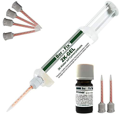 Ber-Fix 2K Gel Standard – spaltfüllender Sekundenkleber für PE/PP, Metall, Keramik & Kunststoff – schlagfest, ausblühfrei – 13 Mischdüsen + Primer 5 ml