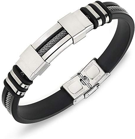 Suyi Men's Adjustable Silicone Wrap Bracelet Stainless Steel Cuff Bracelet Silver