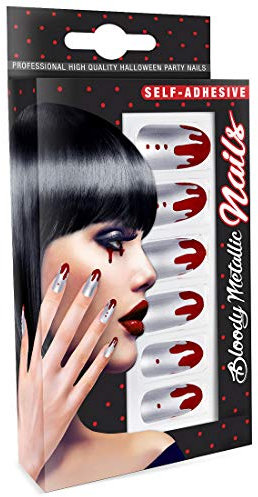 Amakando Künstliche Dracula Nägel mit Blutspritzern zum Aufkleben/Silber-Rot/Blutige falsche Nägel Vampirin/EIN Blickfang zu Gruselparty & Horror-Party
