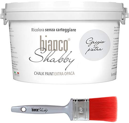 Chalk Paint Grigio Pietra & Pinsel - Shabby Chic Vintage Extra Matt (2,5 Liter) + Professioneller Pinsel (50 mm)