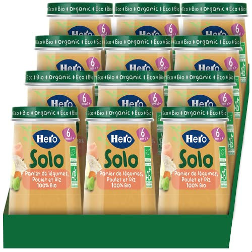Hero Baby Solo - Pot de Légumes avec Poulet et Riz BIO, 100% Naturels, Sans Gluten et Sans Lactose, pour Bébés Dès 6 Mois - Pack de 12 x 120 g
