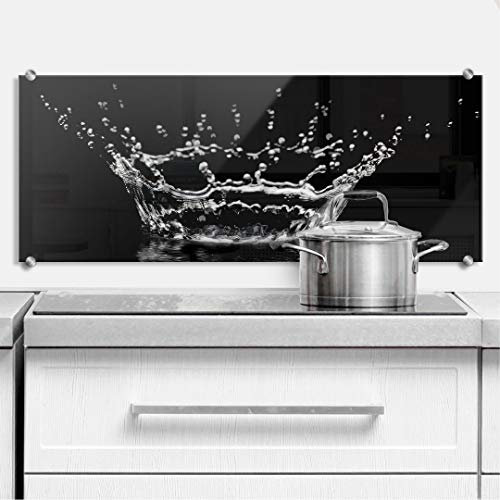 K&L Wall Art Herd Spritzschutz Küche Glasbild Küchenrückwand Back Splash mit Klemmbefestigung Edelstahl (80 x 30cm Wassertropfen)