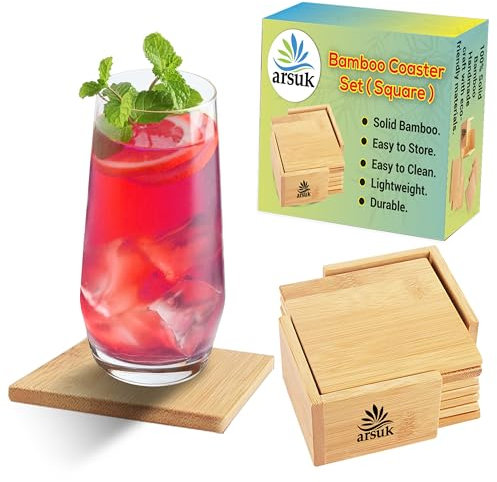 ARSUK Ensemble de sous-Verres Ronds en Bambou en Bois de tranches Naturelles 6 pièces avec Support pour la Maison et la Cuisine, Boissons Froides, Tasses, Bar, Verre, Boisson Chaude