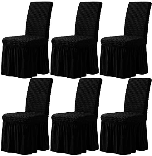 CLGTY Stretch Stuhlbezug 6er Set, Stretch Seersucker Stuhlhussen Mit Rock, Stuhlhussen Für Home Party Hotel Hochzeitszeremonie-Black-Set of 6