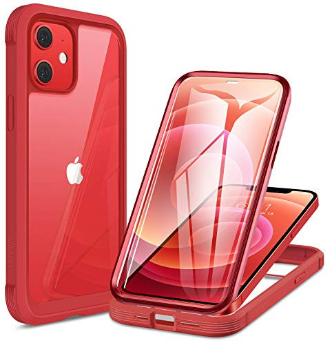 Miracase Glass Case Compatible with iPhone 12/12 Pro, Full Body 9H Tempered Glass Screen Protector (Red)