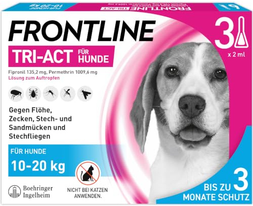 FRONTLINE TRI-ACT Hund M gegen Zecken, Flöhe & Mücken (10 bis 20 kg) | 3x Pipetten für bis zu 3 Monate Schutz - wasserfest - perfekt auf Reisen - beugt Leishmaniose vor