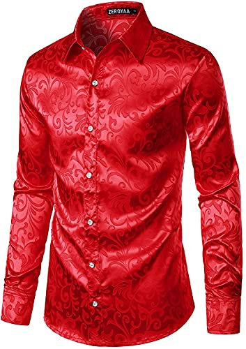 PARKLEES Men's Luxury Jacquard Long Sleeve Dress Shirt Slim Fit Satin Slik Like Floral Printend Shirts for Wedding Party Prom Red M