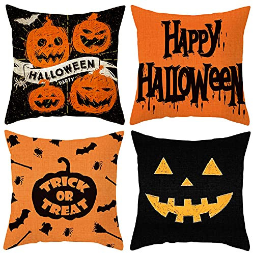 Bigqin 4 Piezas Fundas Cojines 45x45, Funda Cojin Halloween Decoración Halloween Casa Pumpkin Fundas de Cojines, casa y Halloween Decoraciones