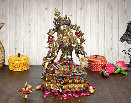 AONA Große Tara Devi Statue aus Messing, tibetische Göttin religiöse Statue, Höhe 35,6 cm