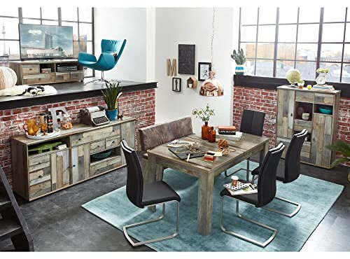 Lomadox Esszimmer mit Ausziehtisch in Driftwood braun Sitzbank Sideboard Highboard