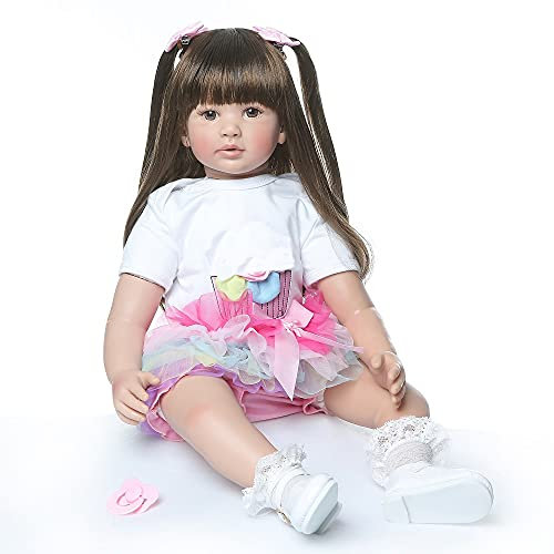 iCradle 24 Zoll 60cm Wiedergeborene Kleinkind Mädchen Puppe schöne Prinzessin mit Langen braunen Haarpuppe Spielzeug Weihnachten Geschenk hochwertige Sammlerpuppe
